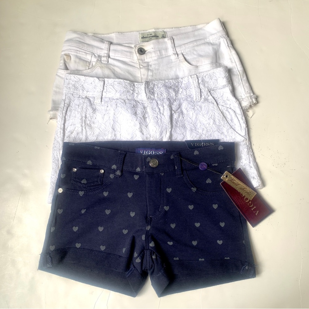 3prs Girls Summer Shorts White Lace Navy Hearts Bonus Abercrombie Denim Sz 12 14